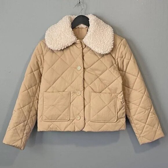 NWOT & Other Stories Quilted Cotton Faux Fur Collar Beige Jacket 0, XS - Picture 4 of 8
